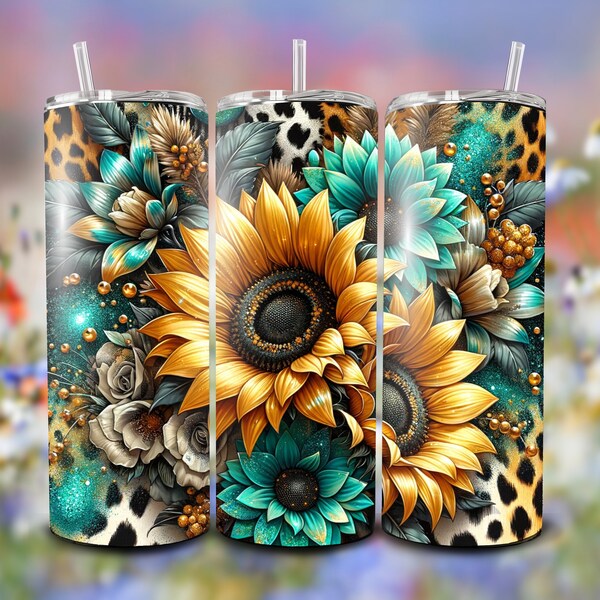 Sunflowers Tumbler Designs PNG, Turquoise Glitter Leopard 20oz Skinny Tumbler Wrap, Seamless Glitter Tumbler Template - PNG Digital Download