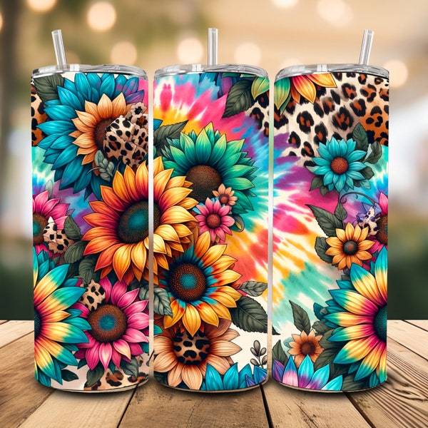 Sunflowers Tumbler Designs, Tie Die Leopard 20oz Skinny Tumbler Wrap, Seamless Glitter Tumbler Template - PNG Digital Download