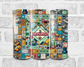 Monopoly Game Skinny Tumbler Sublimation Design Blue Video Board Game Digital PNG Straight wrap Arcade Download
