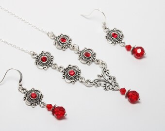 Collier et boucles d’oreilles victoriennes en cristal rouge, ensemble de bijoux de mariage de style vintage, ensemble de bijoux en cristal de mariée rouge, collier de style vintage