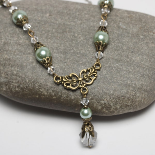 Sage Green Pearl and Crystal Victorian Necklace, Sage Wedding Necklace and Earrings Set, Vintage Style Wedding Jewelry