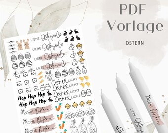 May include: A printable PDF template for Easter stickers featuring bunnies, eggs, chicks, carrots, and the text "Liebe Ostergrüße" and "Frohe Ostern".