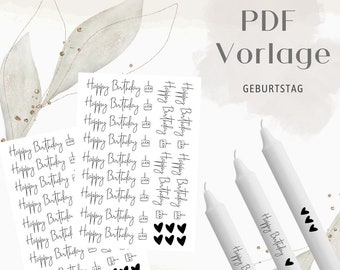 May include: Printable PDF template for birthday candles. The template includes three candles with the text "Happy Birthday" and a heart. The template also includes a sheet of stickers with the text "Happy Birthday" and hearts.