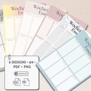 May include: Six printable weekly meal planner templates in A4 size. The templates feature different pastel colours and minimalist designs with the text "Wochenplan Essen" (German for "Weekly Meal Plan") on each page.