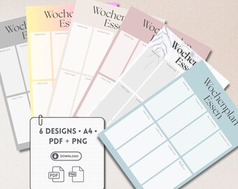 May include: Six printable weekly meal planner templates in A4 size. The templates feature different pastel colours and minimalist designs with the text "Wochenplan Essen" (German for "Weekly Meal Plan") on each page.