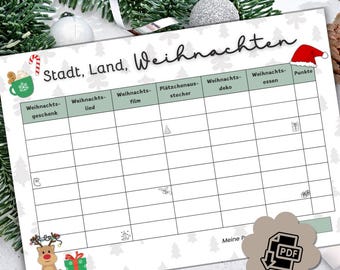 City, Country, Christmas PDF Download, Game Template, Game to Print, Party Game