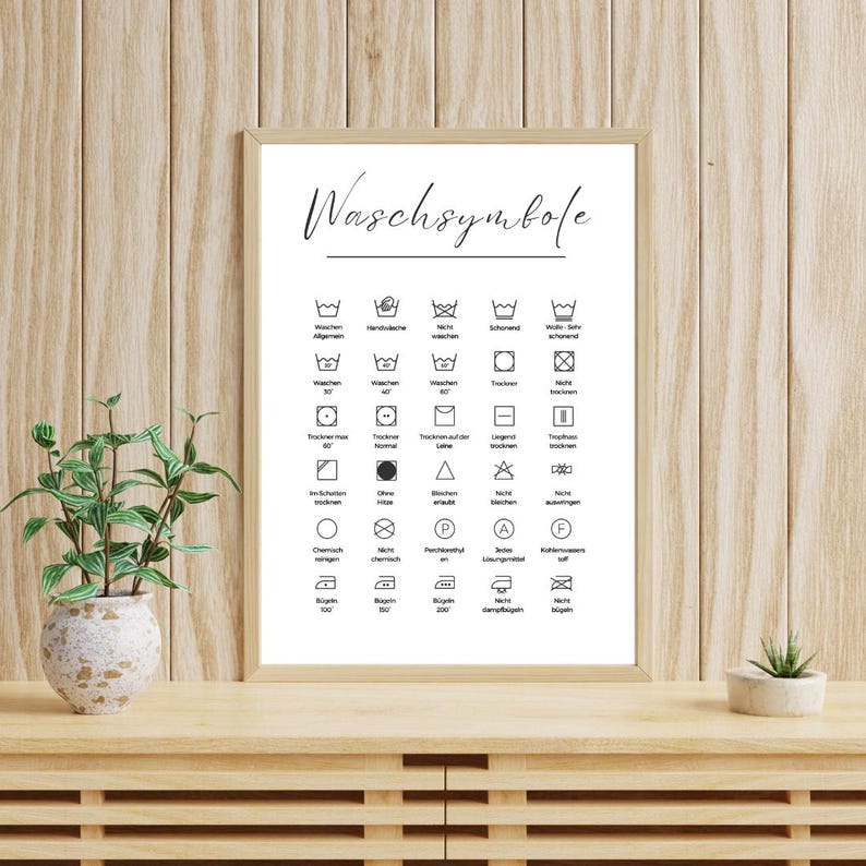 Pu&ograve; includere: Un poster stampabile in bianco e nero con il titolo "Waschsymbole" e una tabella di simboli di lavaggio con descrizioni in tedesco.