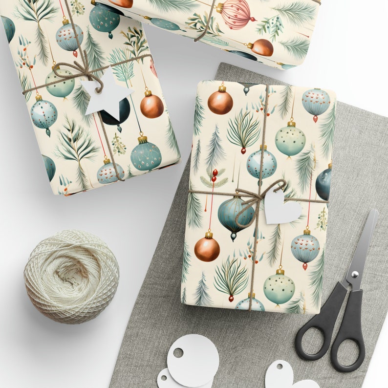 Elegant Ornament Christmas Wrapping Paper, Ornament Gift Wrapping, Vintage Gift Wrap, Christmas Gift, Unique Gift Wrap, Cream Christmas Wrap image 2