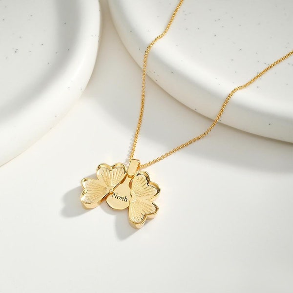 Vintage Personalized Four Leaf Clover Necklace, Gold Clover Engraved Locket Necklace, Lucky Clover Custom Pendant, Custom Jewelry for Her