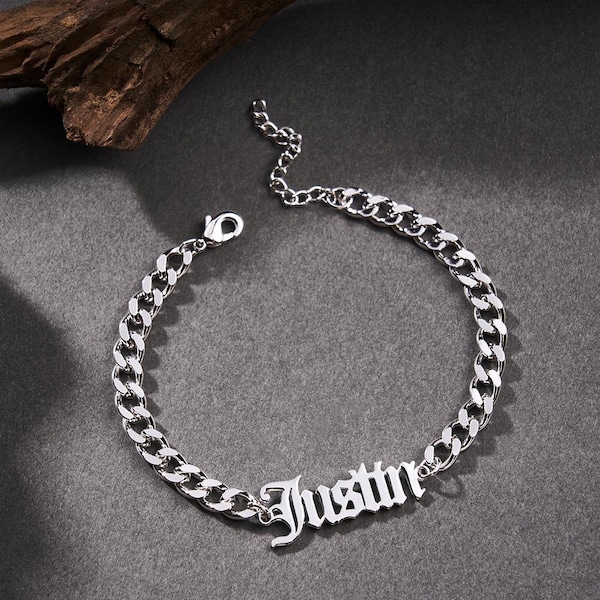 Custom Name Men's Stainless Steel Curb Chain Bracelet Custom Men's Chain Bracelet Engraved Name Bracelet Gift for Him Bracelet for Boyfriend