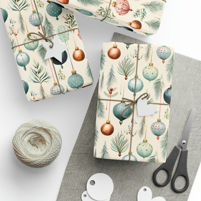 Elegant Ornament Christmas Wrapping Paper, Ornament Gift Wrapping, Vintage Gift Wrap, Christmas Gift, Unique Gift Wrap, Cream Christmas Wrap image 6