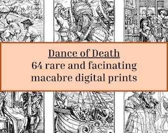 May include: A collection of 64 black and white digital prints depicting scenes from the Dance of Death. The prints feature skeletons interacting with people from various walks of life, including a farmer, a blacksmith, a sailor, and a king.