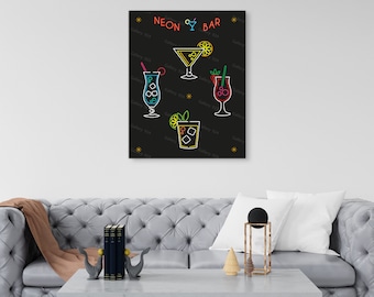 Grande peinture « Neon Bar », décoration intérieure, décor de bar, œuvre d’art sur toile