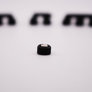 May include: A small, black, round object with a silver metal strip on top. The object is likely a magnetic button or a small magnet.