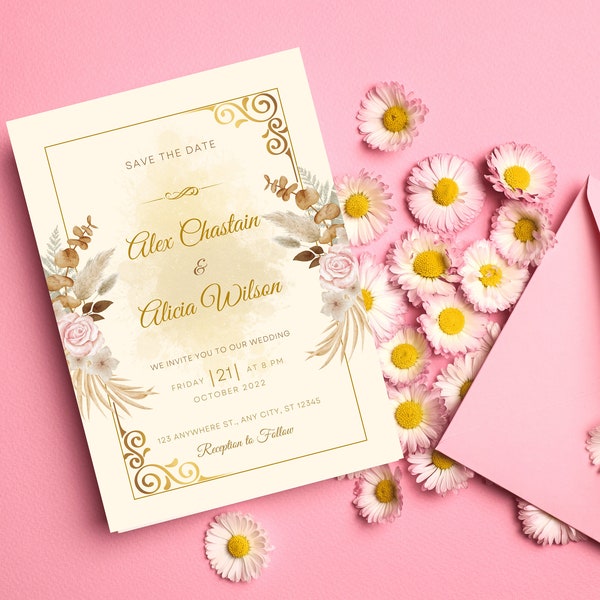 Golden Floral Wedding Card Wedding Invite Elegant Florals Luxury Card Gold Theme Romantic Style Opulent Wedding Chic Design Floral Touch
