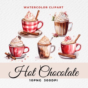Watercolor Hot Chocolate Clipart, Hot Chocoa Clipart, Hot Cocoa PNG, Cocoa Mug Clipart, Food Clipart, Digital Journel, Digital Planner