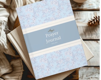 Personalized Prayer Journal, Hardcover Journal for Christian, Gratitude Notebook, Custom Blue Flower French style toile Design, Baptism Gift