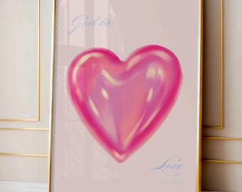 Pink Heart Wall Art, God is Love, Minimalist Simple,Modern Christian Quote Decor, Trendy Teen Girl Bible Verse Poster, Baptism gift, Nursery