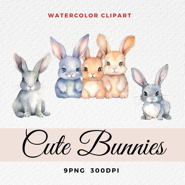 Cute Bunny Clipart, Watercolor Easter Baby Bunny PNG, Boho Cute Baby Bunnies, Printable  Rabbit Clipart, Bunny PNG Sublimation, Nursery Art