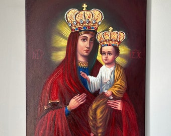 Icono de la Virgen María pintado a mano / Decoración religiosa de la Virgen con el Niño / Regalo de arte católico para la pared