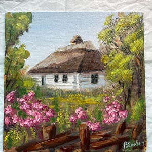 Cabaña de pueblo - Arte popular de Ucrania - Pequeña pintura al óleo