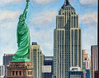 Peinture acrylique de New York, ville peinte, paysage urbain, Statue de la liberté, Empire State