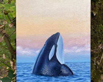シャチの絵：アクリル動物画キャンバス、ターコイズブルーの背景