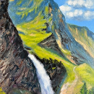 Peinture à l'huile de cascade de montagne sur panneau de fibres de bois | Art du paysage de haute montagne