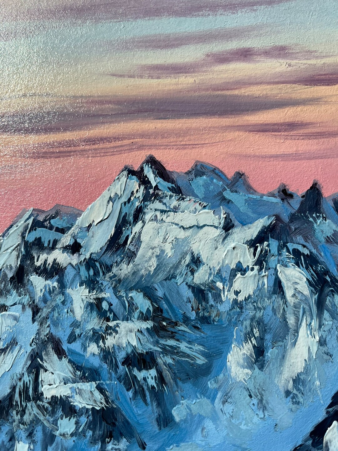 Peaceful Mountain Sunset Oil Painting, Serene Pink Sky Landscape Art - Etsy