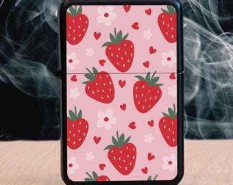 Cute Strawberries Lighter, Windproof Reusable Refillable Lighter, Pretty Flip Top Lighter, Cigarette Holder Case with Lighter, Pink Lighter