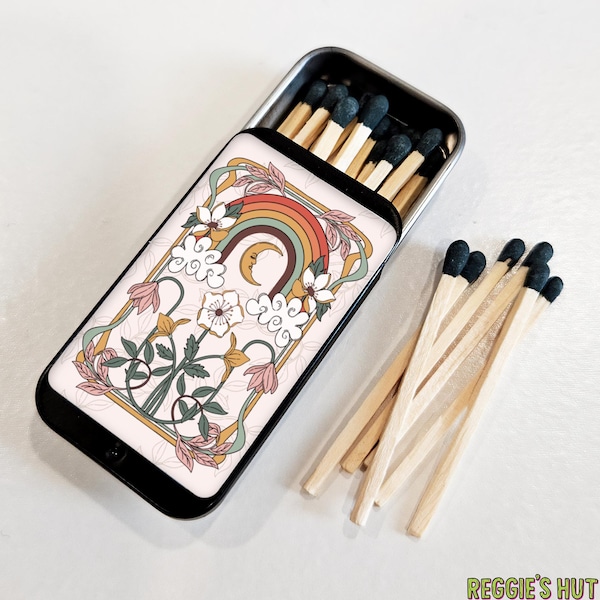 Boho Moon Flowers Matchbox: Mini Matchstick Tin with Safety Matches