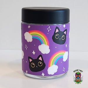 Black Cat Rainbow Stash Jar, 4oz Glass Stash Jar, Storage Jar, Small Glass Storage Container, Stoner Gift, Cute Purple Air Tight Herb Jar