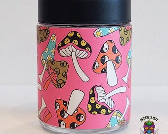 Pink Retro Mushroom Stash Jar: 4oz Glass Storage Container for Herbs, Spices, Tea