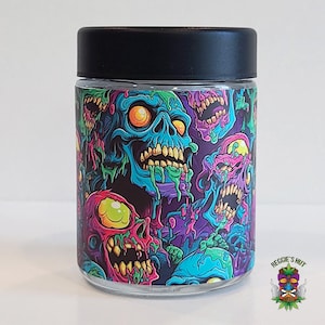 Zombies Stash Jar, 4oz Glass Stash Jar, Storage Jar, Small Glass Storage Container, Stoner Gift, Skull Monster Stash Jar, Cool Stash Jar
