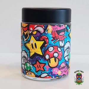 Cute Gamer Stash Jar, 4oz Glass Stash Jar, Storage Jar, Small Glass Herb Container, Stoner Gift, Video Game Smoke Accessory, Cool Stash Jar