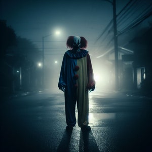 May include: A clown in a blue and yellow costume stands in a foggy street at night. The clown is wearing a white mask with red hair and a red nose.