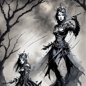 May include: Two women in black dresses and crowns stand in a dark forest. The woman in the foreground is holding a dagger. The woman in the background is holding a knife. The background is a dark forest with a full moon in the sky.