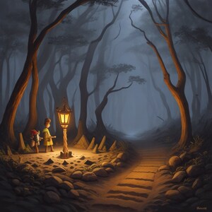 May include: Two figures stand in a dark, misty forest, illuminated by a lantern on a stone pedestal. The path ahead is lined with stones and leads into the dense woods.