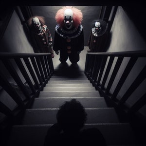 May include: Three clowns with painted-on smiles stand on a staircase, looking down at the viewer. The clown in the middle has pink hair and a red and white costume. The clowns on either side have black hair and red and white costumes.