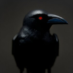 May include: A black crow with red eyes, looking to the right, against a dark background.