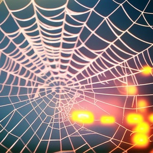 Puede incluir: Un primer plano de una telaraña con un fondo borroso de luces cálidas y naranjas. La telaraña es blanca y tiene un patrón delicado e intrincado.