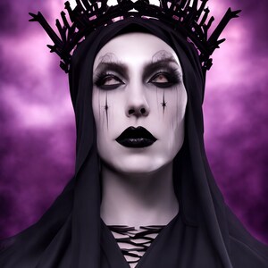 May include: A woman wearing a black hooded robe and a crown of thorns. Her face is painted white with black accents around her eyes and lips. The background is a purple haze.