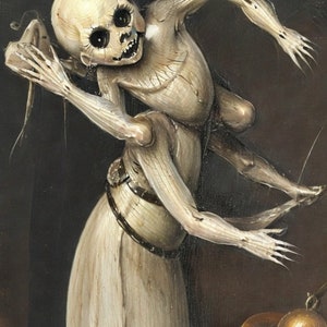 Puede incluir: Una figura esquelética con un cuerpo largo y delgado y dedos largos y huesudos. La figura lleva un vestido blanco y tiene una cara de calavera con ojos grandes y oscuros.