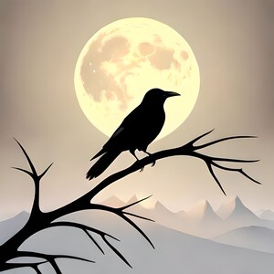 Puede incluir: Silueta de un cuervo negro posado en una rama desnuda sobre un fondo de una gran luna llena y una brumosa cordillera.