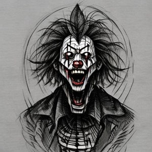 Puede incluir: Un dibujo en blanco y negro de un payaso aterrador con la boca muy abierta y una nariz roja. El payaso tiene la cara blanca con maquillaje negro y rojo. El pelo del payaso es salvaje y desordenado.