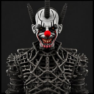 May include: A creepy clown with a black and white face, red nose, and sharp teeth. The clown is wearing a black and gray costume with a metal-like texture.