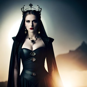 Puede incluir: Una mujer con un vestido negro con capucha, una corona, un collar y pendientes. Está de pie frente a un fondo de puesta de sol.