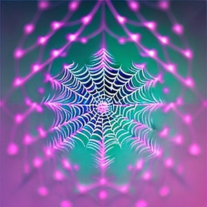 Puede incluir: Un diseño de telaraña blanca sobre un fondo azul y verde. La telaraña está rodeada por un anillo de luces rosas.