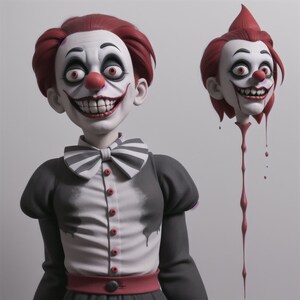 Puede incluir: Una muñeca de payaso espeluznante con cabello rojo y una amplia sonrisa de dientes. La muñeca lleva una corbata de lazo a rayas blancas y negras y una camisa blanca abotonada con cuello negro. La cabeza de la muñeca también se muestra por separado, goteando líquido rojo.
