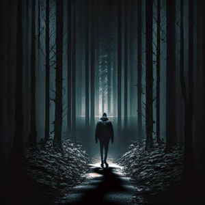 Puede incluir: Una persona camina por un sendero en un bosque oscuro. Los árboles son altos y el sendero es estrecho. La persona lleva una chaqueta con capucha y camina hacia una luz al final del sendero.